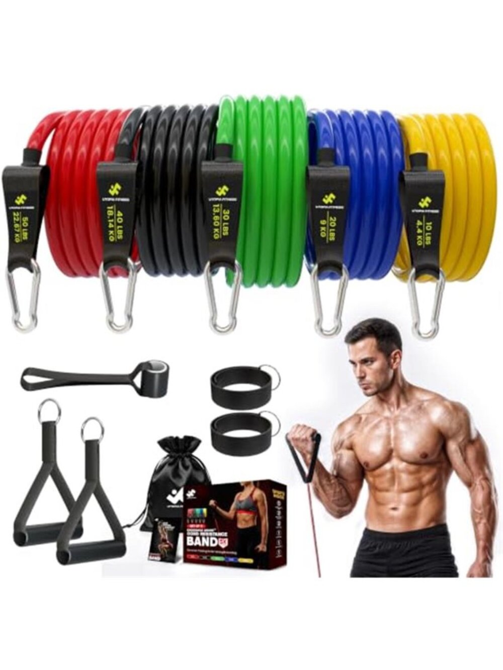 Resistance Bands with Handles Set of 5 (10–50 lbs), Home Gym Workout Kit